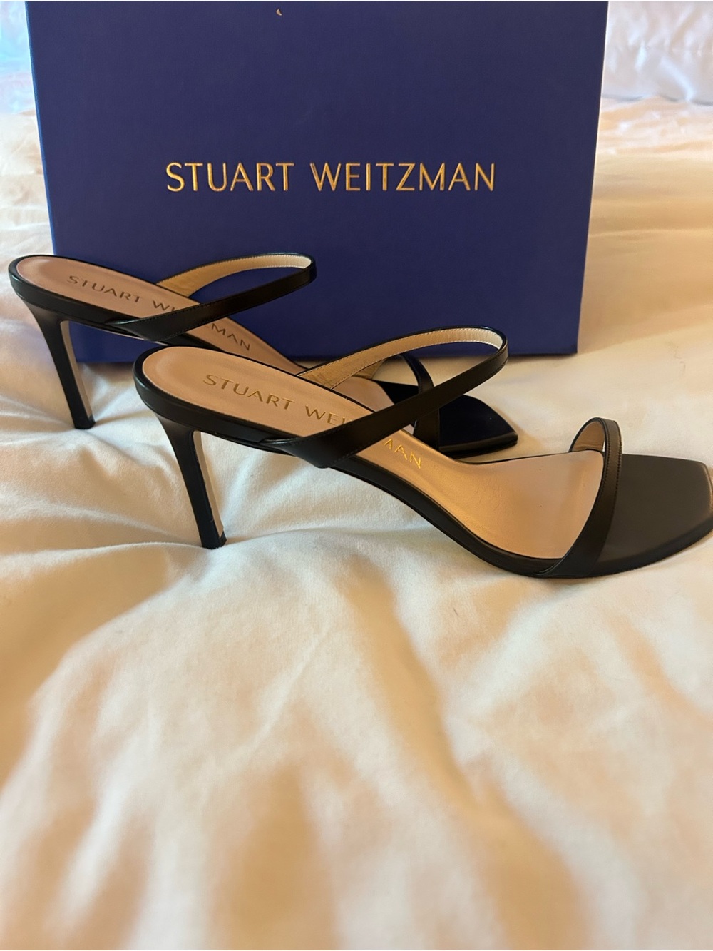 Stuart Weitzman Black Leather Cross-Strap Stiletto Sandals
